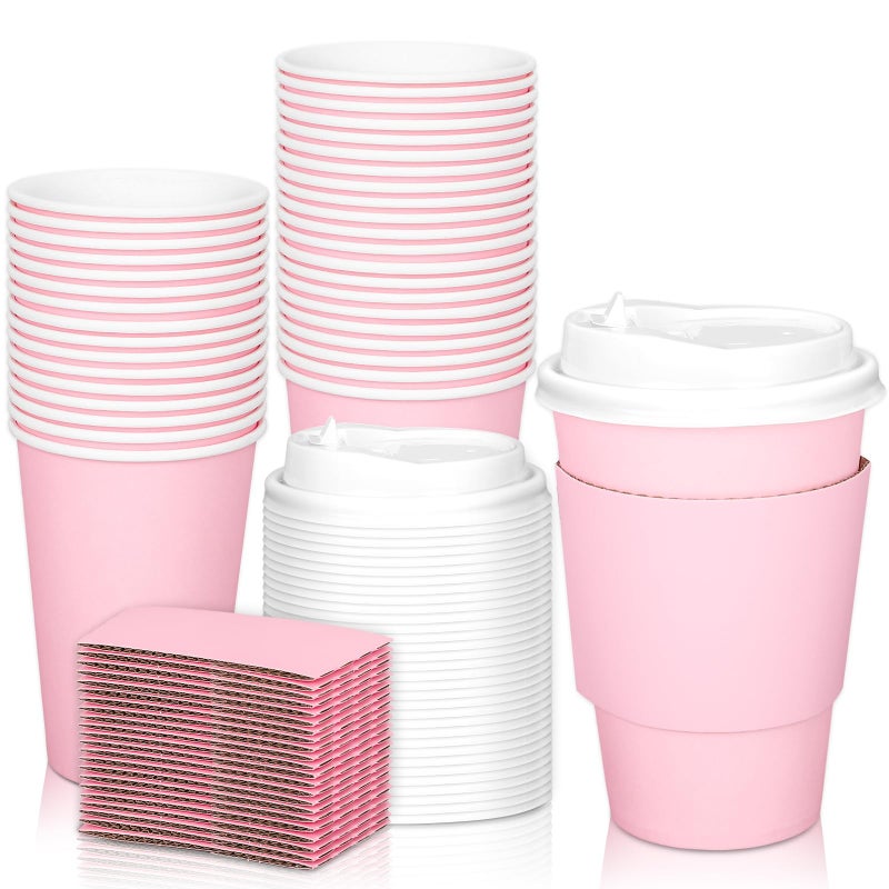 JarThenaAMCS 50Pcs 12oz Pink Disposable Coffee Cups with Lids and Sleeves Light Pink Insulated Paper Cups To Go Cups for Home Restaurant Wedding Travel Party Supplie